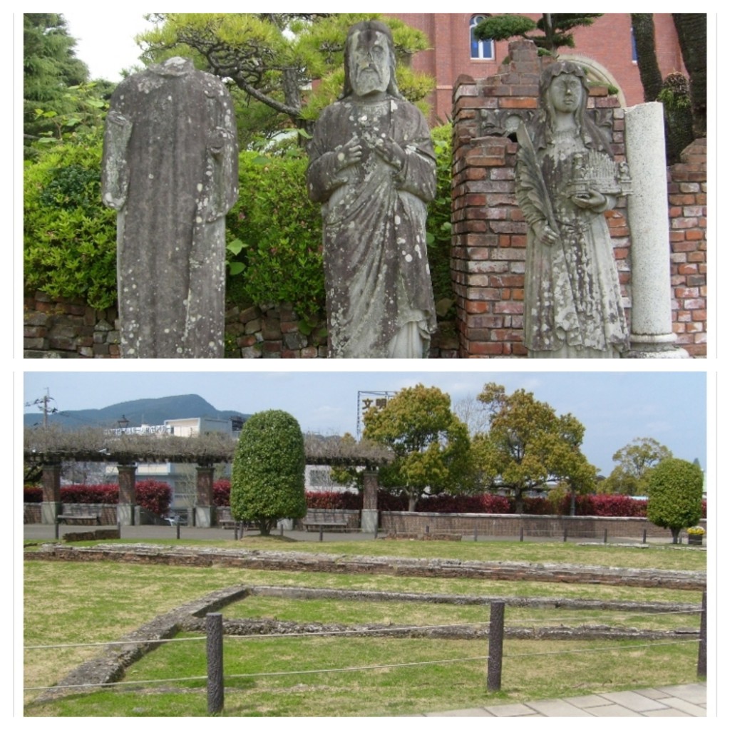 우라카미 성당 앞에 타버린 성인 성인상과 나가사키 형무소 터